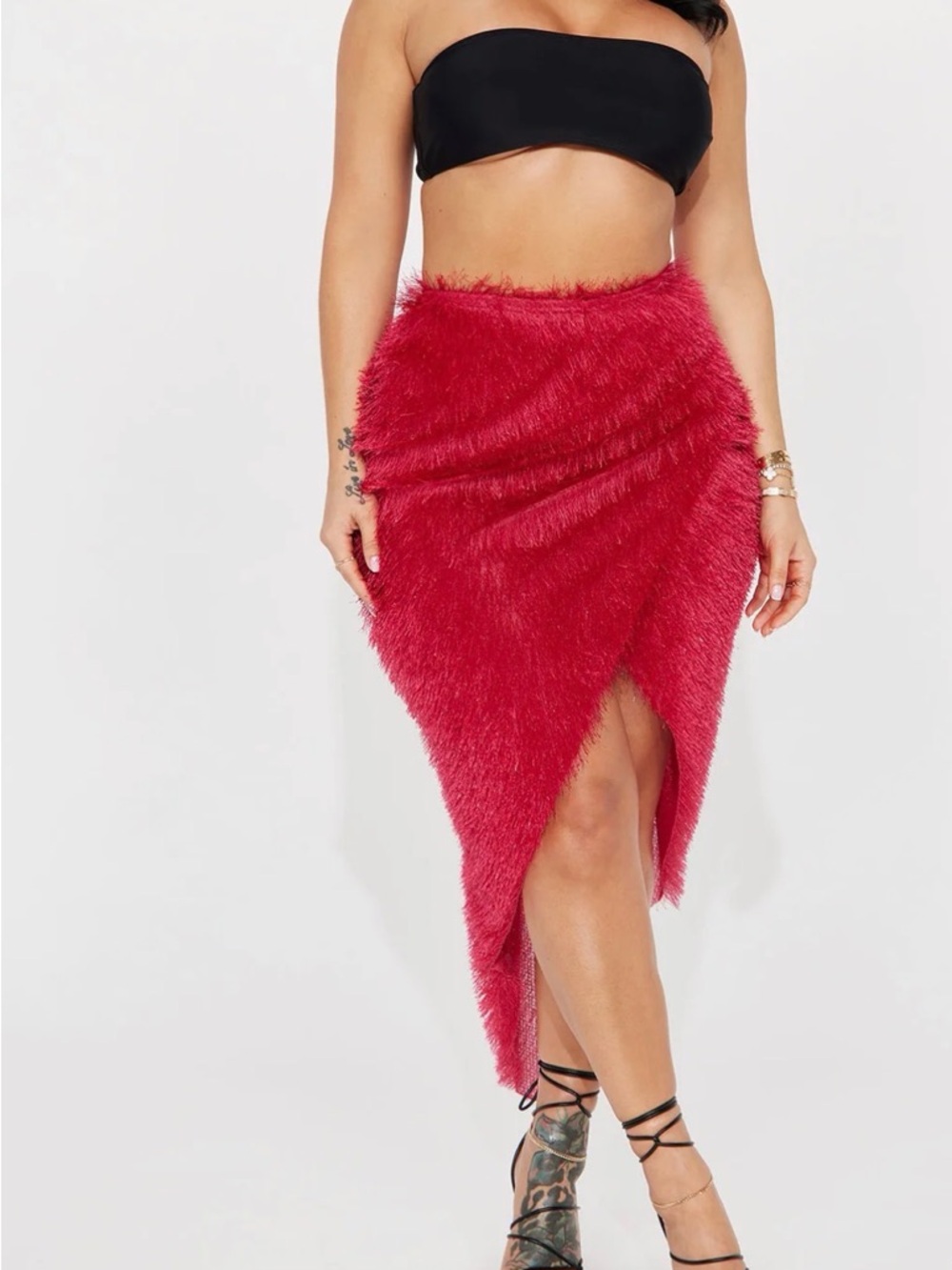 Hot pink Faux-Fur Asymmetrical Wrap Skirt